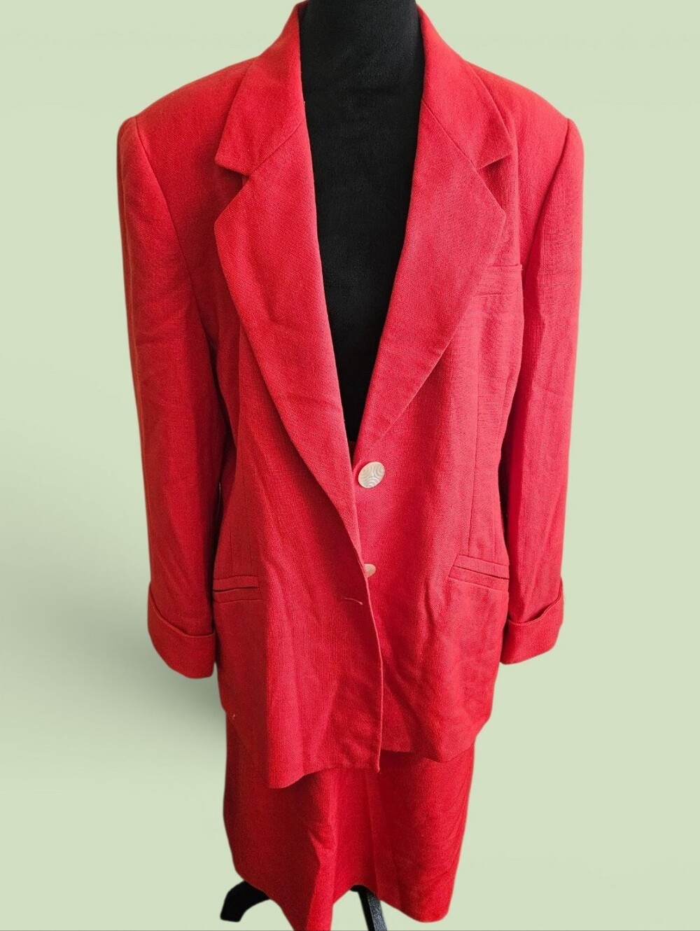 Oleg Cassini Womens 16 Coral Red Linen 2-Piece Skirt Suit Vintage